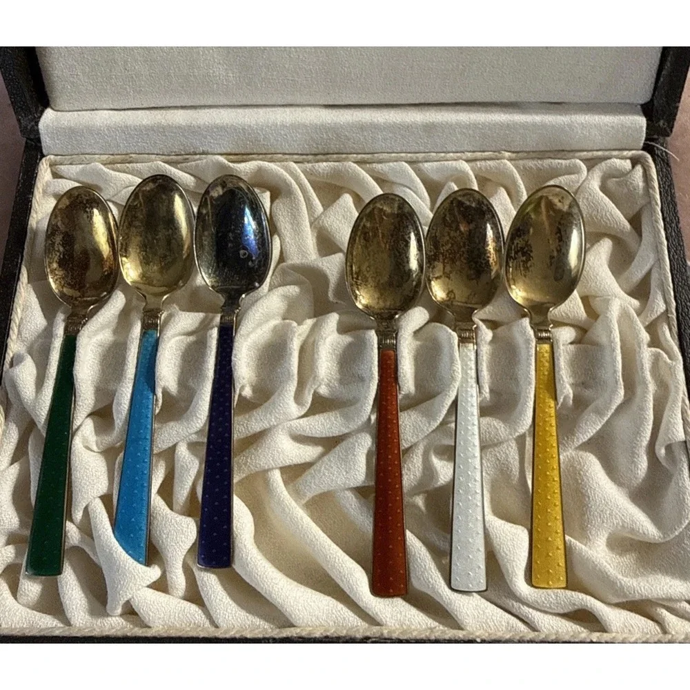 Vintage Norway Sterling Silver Guilloche Enamel Spoons Set 6 Box Th Marthinsen